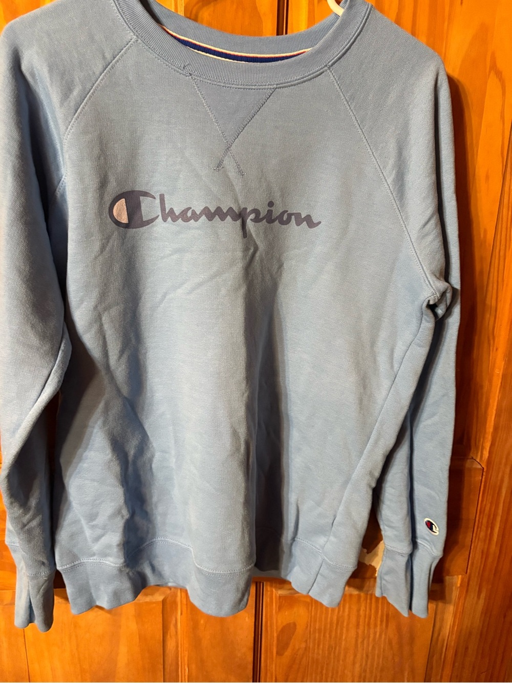 Champion Light Blue Script Logo Crewneck Sweatshirt